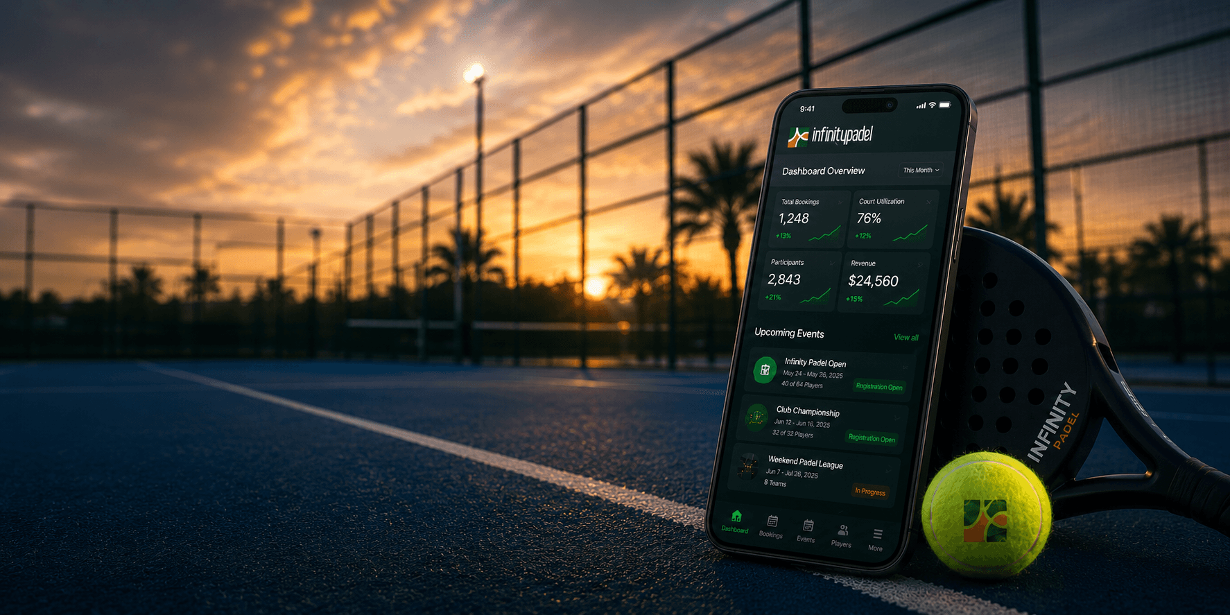 A padel player rallying on an outdoor court in the morning while two people watch from a bench